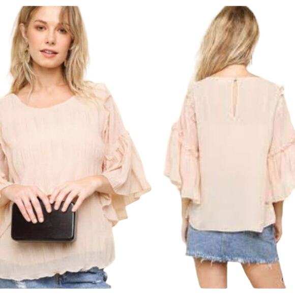 NWT Umgee Pleated Ruffled Tiered Bell Sleeve Top Chiffon Flowy Champagne Pink S - Picture 2 of 15